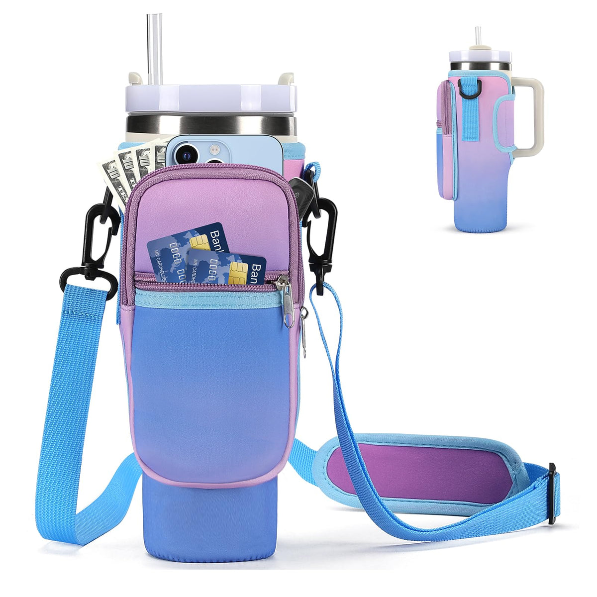 GOEWY Water Bottle Carrier Bag for Stanley 40oz Tumbler with Phone Pocket Water Bottle Holder with Strap Neoprene Water Bottle Pouch for Stanley Cup Accessories