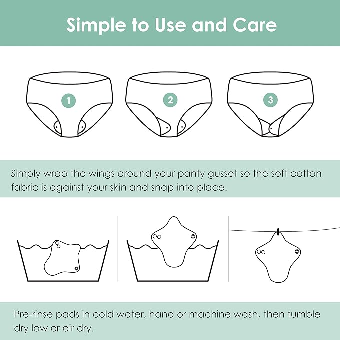 wegreeco 6 Pcs Reusable Menstrual Pads, Ultra Absorbent Cloth Pads for Heavy Flow, Sanitary for Teens, Women, Nonslip, Grey Inner, Black Outer, Large