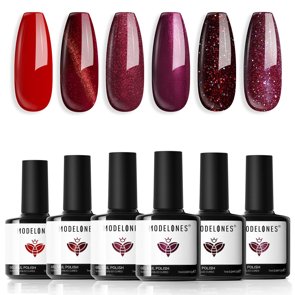 modelones Gel Nail Polish Set, 6 PCS Red Burgundy Purple Glitter Gel Polish Colors Cat Eye Chameleon Shimmer Soak OFF LED Nail Art Gel Nail Kit Manicure Salon DIY Nails Gift