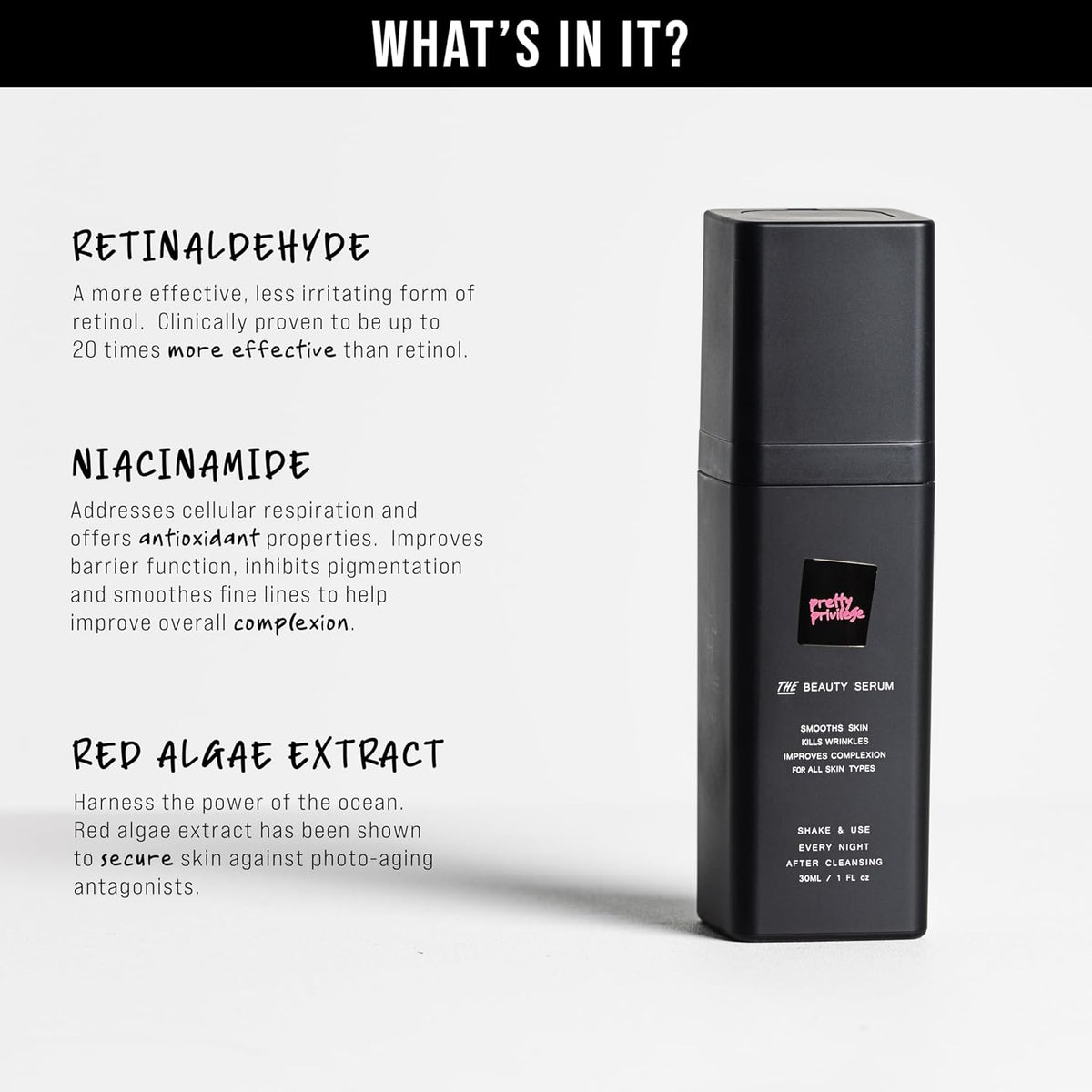 Pretty Privilege - THE Beauty Serum - 0.1% Retinal Serum With Niacinamide & Red Algae Extract. Anti Aging Skincare For Younger Looking Skin. For All Skin Types. Made in the USA.