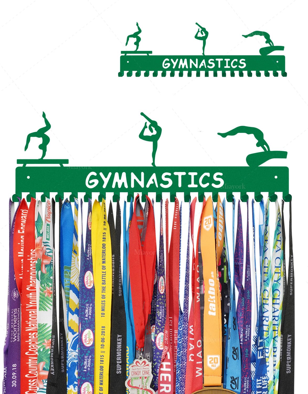 Miayork Green Gymnastic Medal hanger Display Ribbon Hanger Rack for More medals-Easy Installation Easy to Use with 20 hanging hooks-Gymnastics Medal holder for Girls- Medal Hanger Display Upgraded