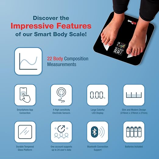 Smart Digital Bathroom Body Scale | Large Display Accurate Result | 22 Metrics Including Cardiac Index, Heart Rate, Body Fat, Lean Body Mass | Tempered Glass, App Support Bluetooth