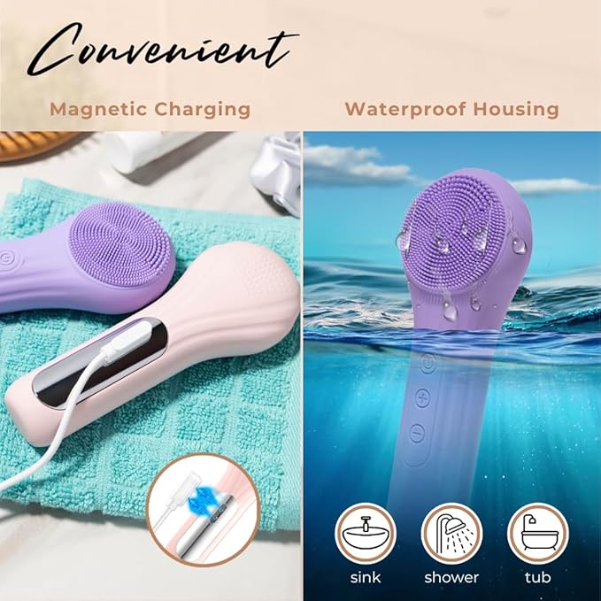 Pulsating Facial Cleansing Brush. Silicone Face Brush | Removes Dirt, Oil & Makeup | Combines Gentle Exfoliation & Deep Cleansing for Radiant Glow | Waterproof & Rechargeable (Pink)