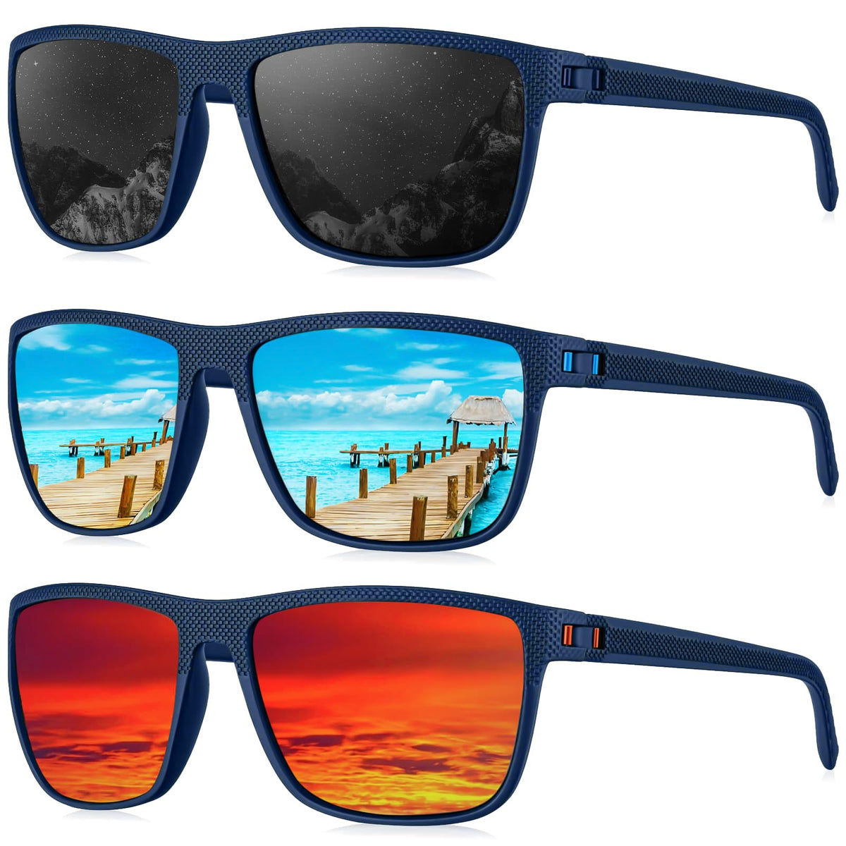 KALIYADI Polarized Sunglasses Men, Lightweight Mens Sunglasses Polarized UV Protection Driving Fishing Golf (Frame Blue|Lens Black/Red/Ice Blue)