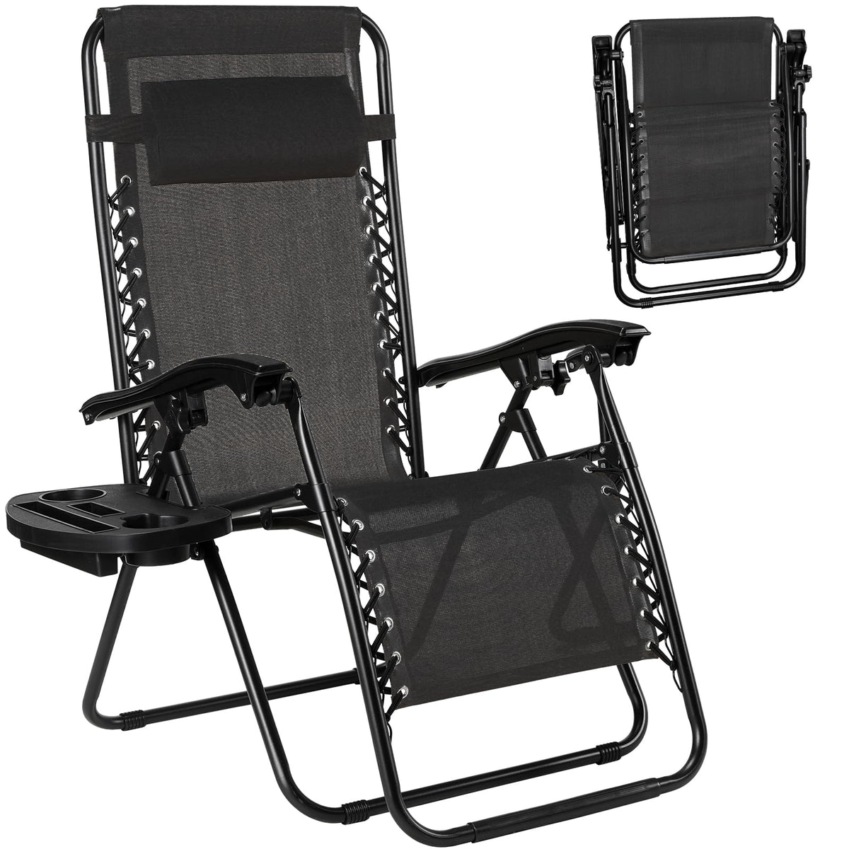 TLSUNNY Zero Gravity Chair Set of 2, Outdoor Folding Lounge W/Detachable Headrest & Holder Tray, Adjustable Textilene Lawn Reclining, No Assembly Required, for Patio, Garden, 330LBS (1, Black)