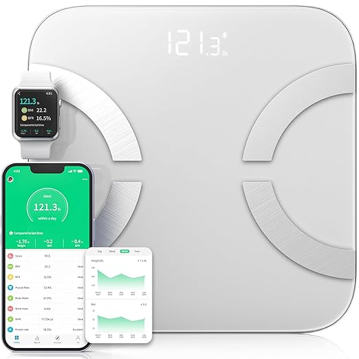 Smart Scale for Body Weight, Digital Bathroom Scale LED Display, BMI, Body Fat, Muscle Mass 18 Body Composition Monitor Health Analyzer Sync Fitness Apps (White)