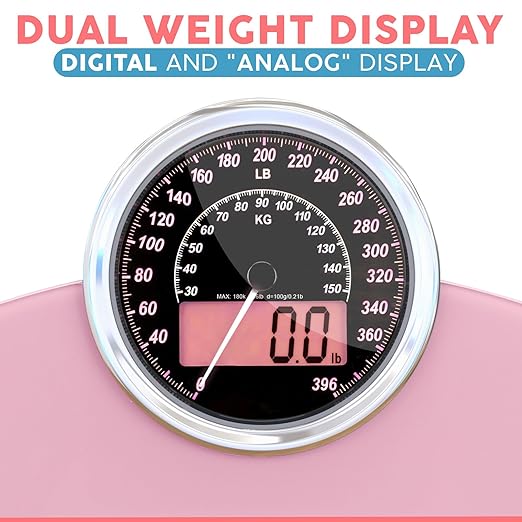 Adamson Hybrid 2-in-1 Analog & Digital Weighing Scale for Body Weight up to 400lbs + Thick Tempered Glass + Extra Large Display + Easy to Read Digital Bathroom Scale + New - Pink