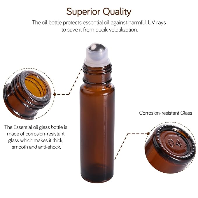 PrettyCare 12 Pack, 10 ml Essential Oil Roller Bottles with Stainless Steel Roller Ball - Refillable Leak-proof Empty Thick Amber Glass Roll on Bottles with Metal Caps for Travel, Perfume