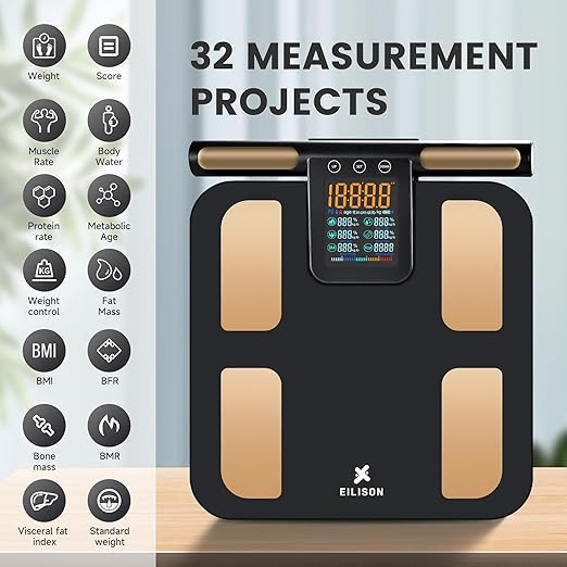 EILISON 8-Electrode Body Fat Scale with BIA Technology, Digital Bathroom Scale Full Body Composition Analyzer with 32 Metrics, Smart BMI Weight Scale with Bluetooth App, Touchscreen, 396lbs (Black)