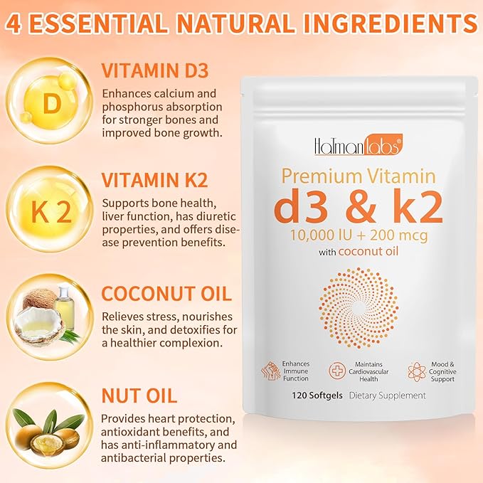 Vitamin D3 K2 Supplement Softgel, Vitamin D3 K2 Softgel with 10000 IU Supports Immune, Heart, Teeth & Bone Health, Free of GMO, Gluten, Soy