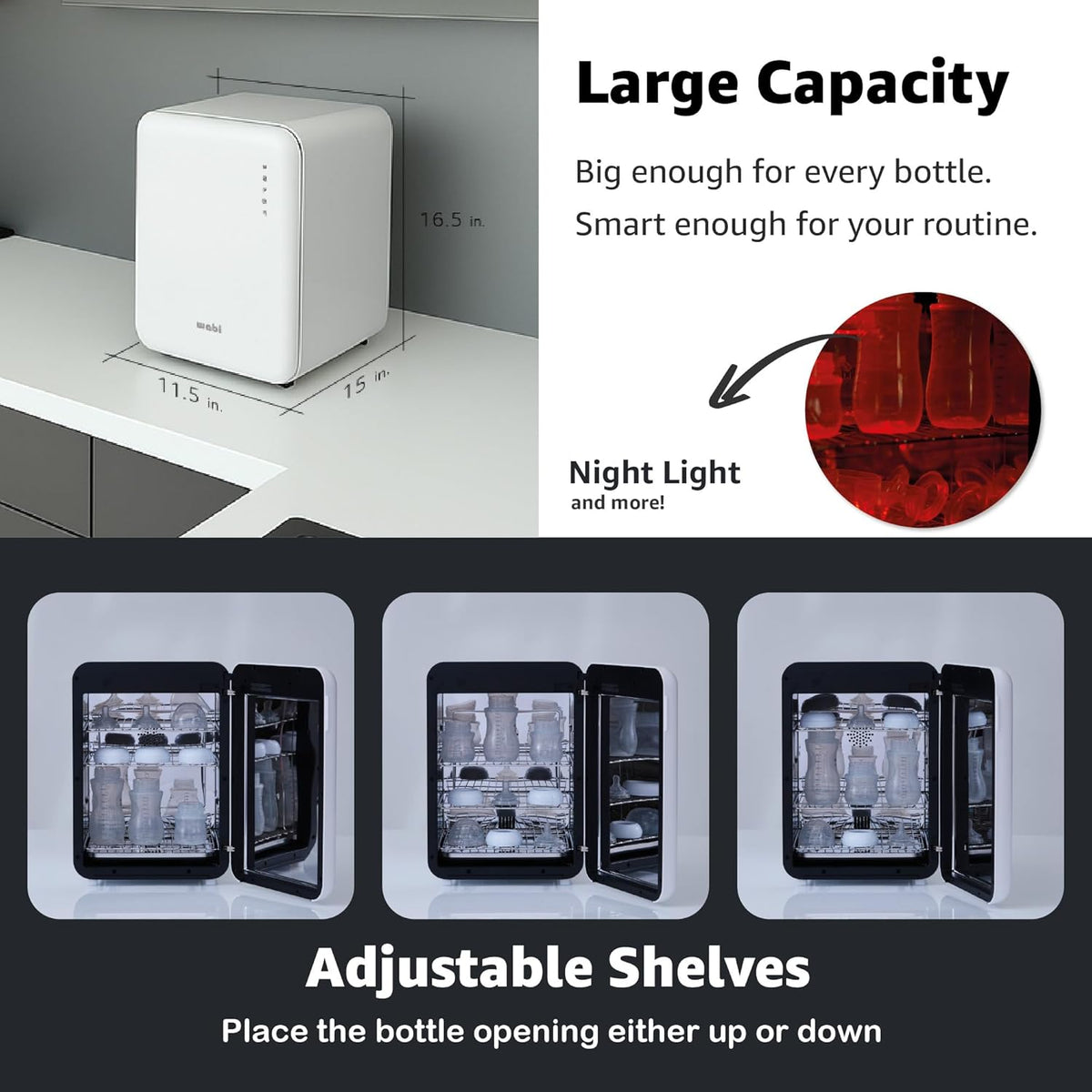 WABI UVC LEDs 3-in-1 Sanitizer & Dryer 360° Box | Disinfect, Dry, & Store Everyday Items, Baby Feeding Gear, and Electronics | Touch Control, LED (No Mercury) | Smart Storage Mode