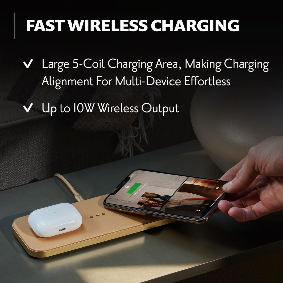 Courant Catch:2 Classics - Italian Leather Dual Wireless Charging Pad - Compatible with iPhone 11, X, SE, Galaxy S23, S22, S21, S20, Note, AirPods, AirPods Pro (Saddle)