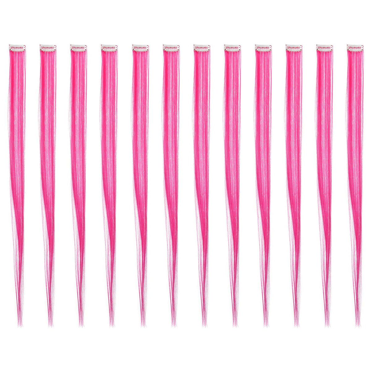 SWACC 12 Pcs Straight One Color Party Highlights Clip on in Hair Extensions Colored Hair Streak Synthetic Hairpieces (Neon Pink)