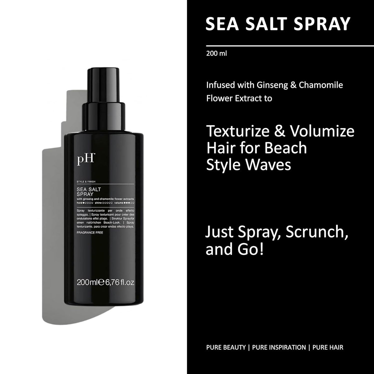 pH PURE HAIR Sea Salt Spray for Beach Waves - Volumizing Hair Spray for All Hair Types - Lightweight Unscented Formula for Textured Wavy Hair - Perfect for Curly, Wavy & Straight Hair - 6.76 Oz