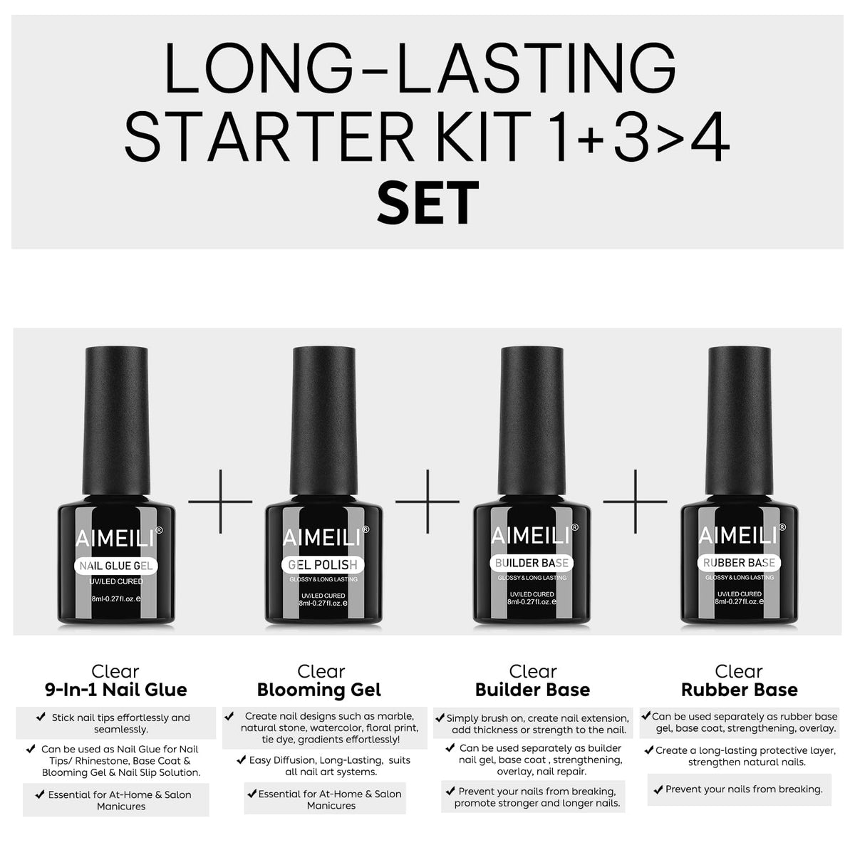 AIMEILI Gel Nail Polish Nail Glue Blooming Builder Rubber Base 4pcs, Cruelty Free, Vegan, U V LED Nail Art