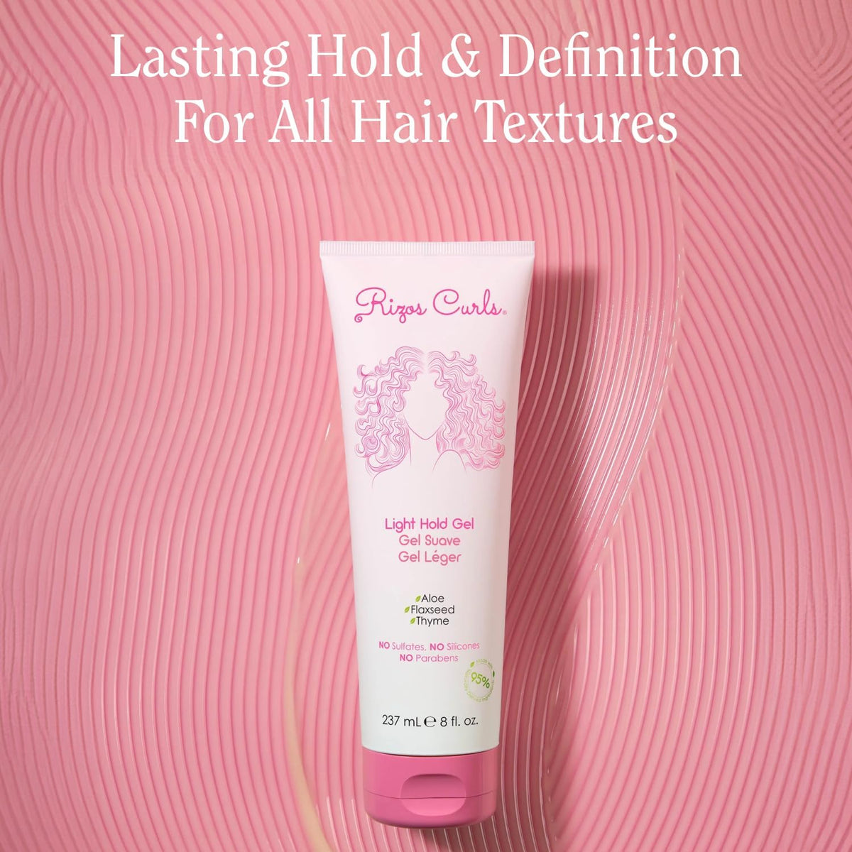 Rizos Curls Travel Light Hold Gel, Defines with Flexible Hold, Flake-Free and Frizz-Free Voluminous Curls, Moisturize and Combat Humidity with Aloe Vera & Flaxseed, 2.5 oz
