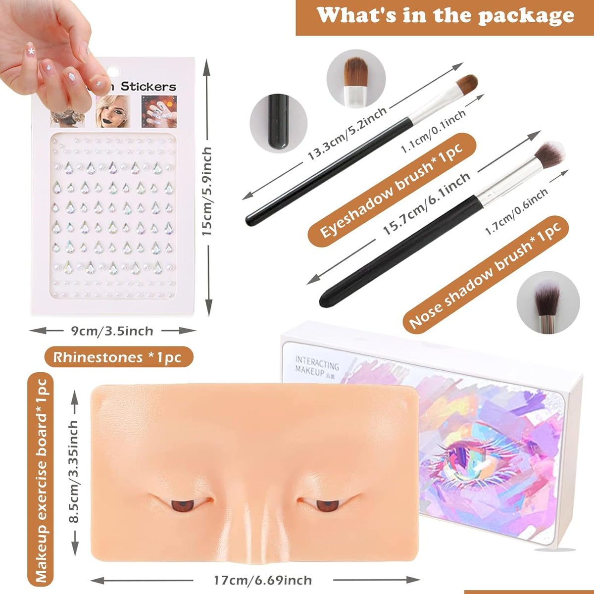 Makeup Practice Face Board, Silicone Makeup Mannequin Face for Makeup Artist Supplies, Mannequin Face for Makeup Practice with Makeup Brushes Rhinestones Sticker(Bright)