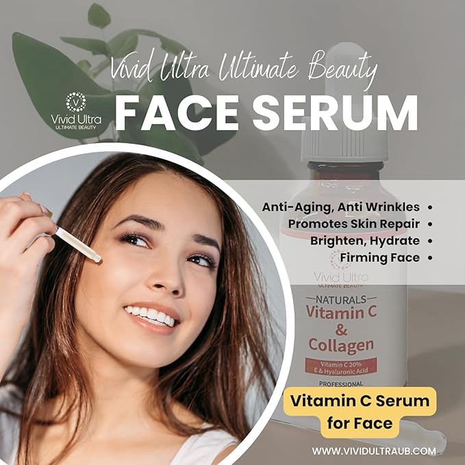 Vivid Ultra Vitamin C Serum for Face – Anti-Aging Serum with Hyaluronic Acid, Collagen & Vitamin E – Brightening Dark Spots, Firming Skin, Reducing Wrinkles & Acne Scars – 1 Fl Oz