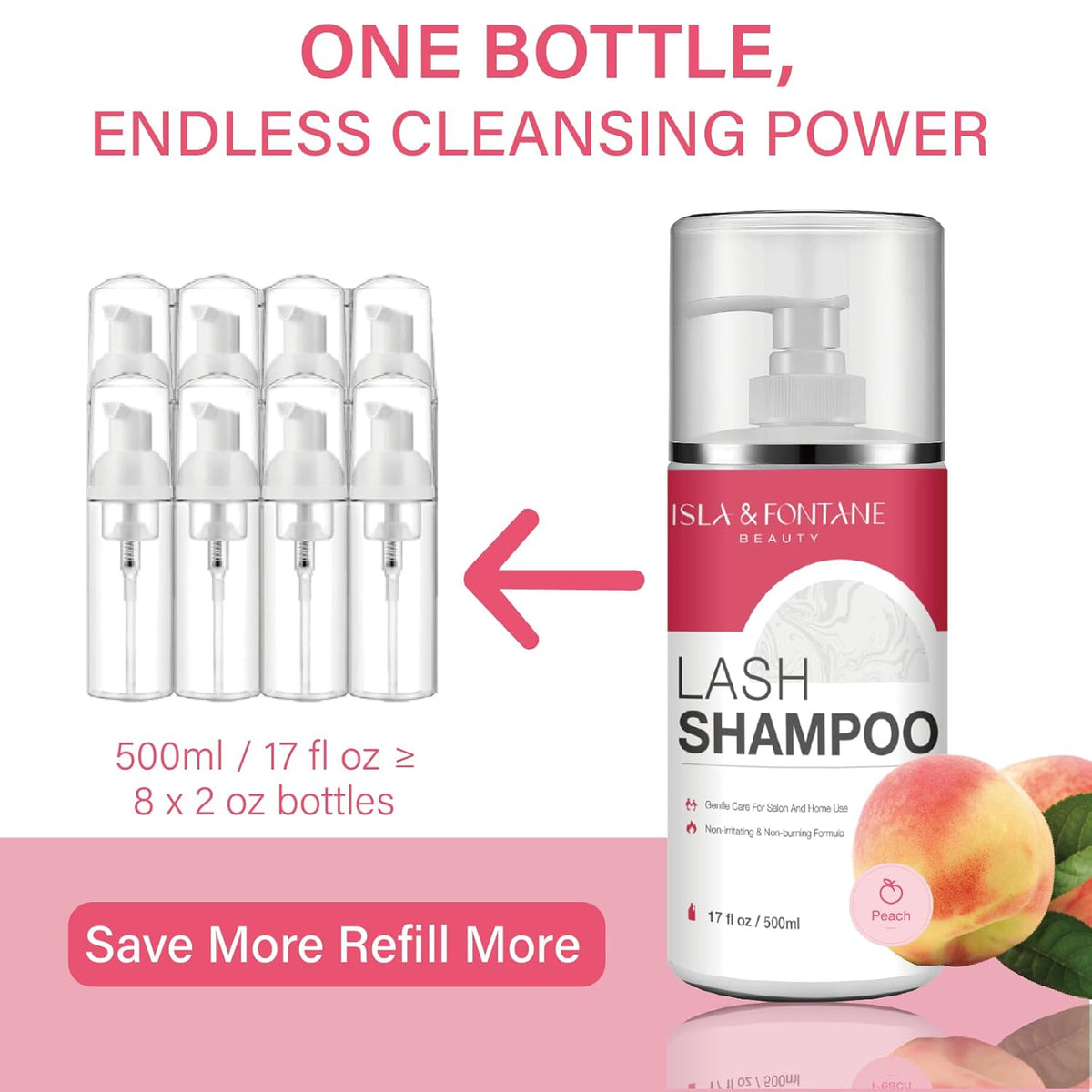 ISLA & FONTANE Lash Shampoo Bulk – Multi-Scent Series – 17 fl oz / 500ml | Gentle Eyelash Cleanser for Lash Extensions | Non-Irritating | Professional Lash Bath Foam For Salon And Home Use (Peach)