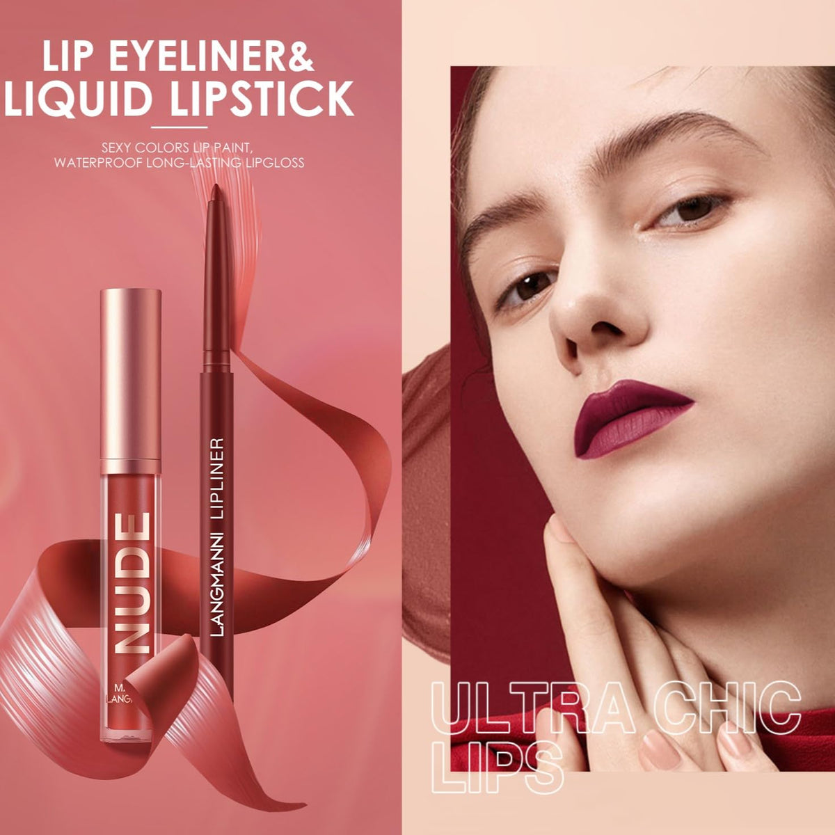 LANGMANNI 4pcs Matte Lipstick with Lipliners Durable Makeup Set,Long-Lasting Non-Stick Cup Not Fade Waterproof Pigmented Velvet Lipgloss Kit Beauty Cosmetics Makeup Gift for Girls(#1+3+5+7)