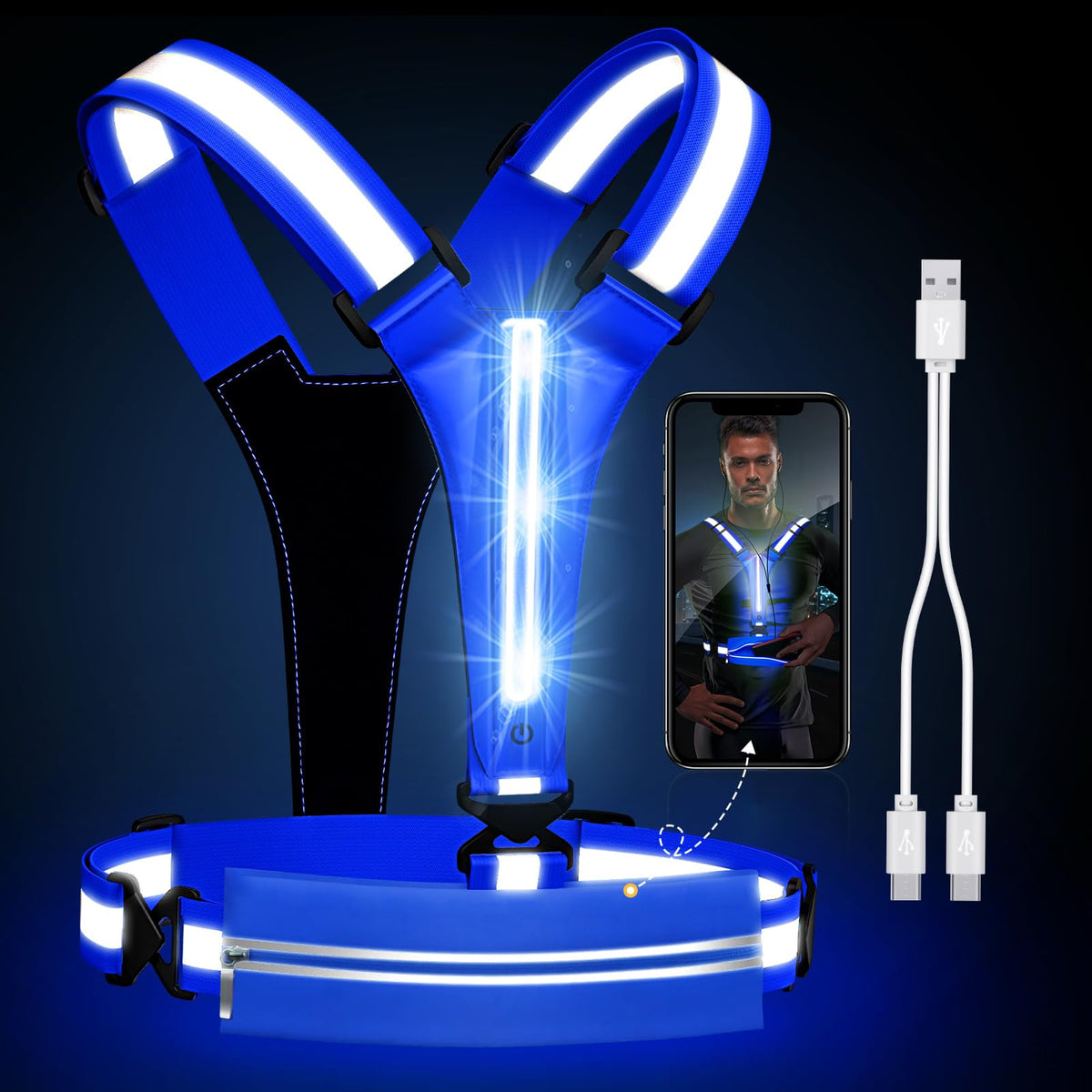 Ylzzrs LED Reflective Vest Running Gear, USB Rechargeable Light Up Running Vest Chest Phone Holder for Runners Night Walking,6-11hrs Light Adjustable Waist/Shoulder for Women Men Kids (Blue)