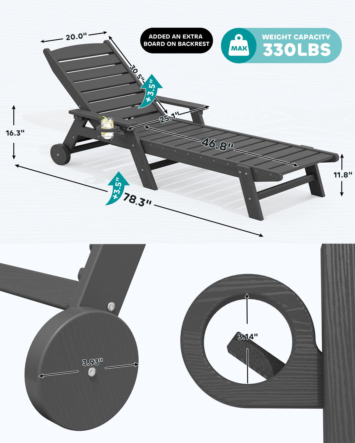 SERWALL Patio Chaise Lounge Chair, 78'' Long HDPE Outdoor Lounge Chair 5 Positions Adjustable Outdoor Lounger, Poly Lounge Chair with Rolling Wheels & Cup Holder for Pool, Slate Gray