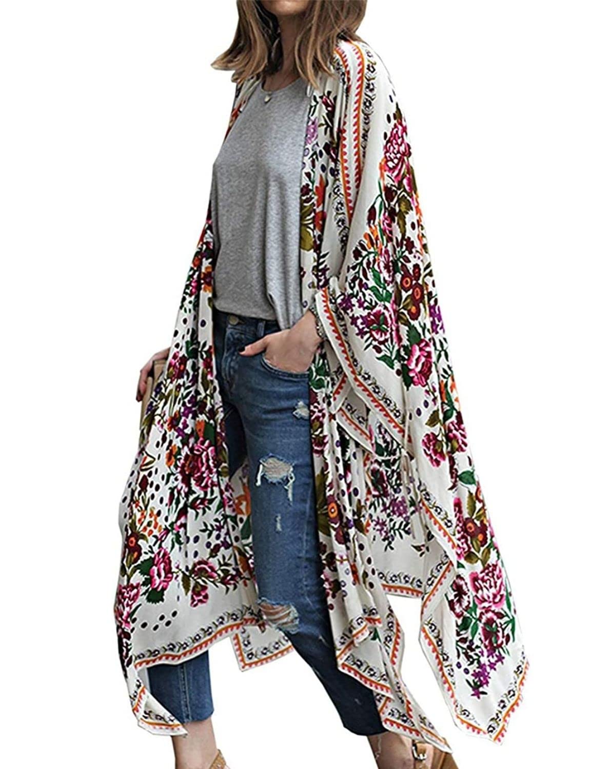 Womens Summer Chiffon Kimono Cardigan 3/4 Sleeve Sheer Loose Beach Cover up S
