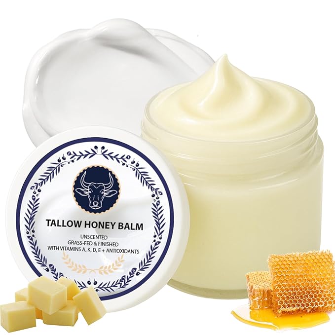wuliao Grass Fed Tallow & Honey Balm – Organic Whipped Beef Tallow Cream with Manuka Honey, Cold-Pressed Olive Oil & Beeswax – Natural Face & Body Moisturizer for Dry, Sensitive Skin