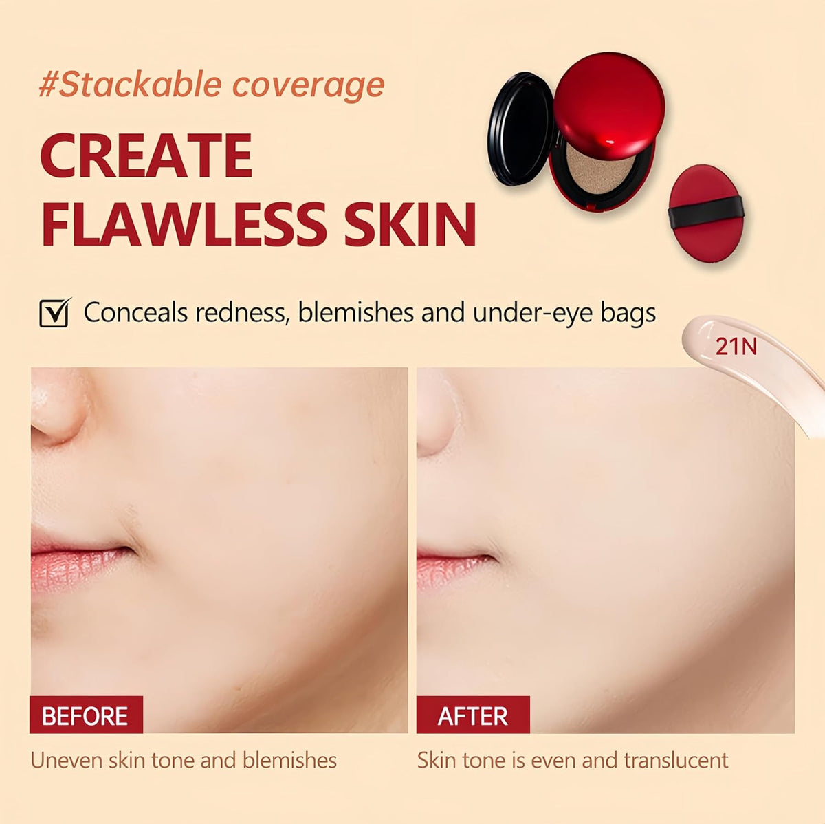 MAEPEOR Cushion Foundation 9 Colors Full Coverage Weightless Satin Glow Foundation Hydrating Long-Lasting Cushion BB Cream (Color 05)