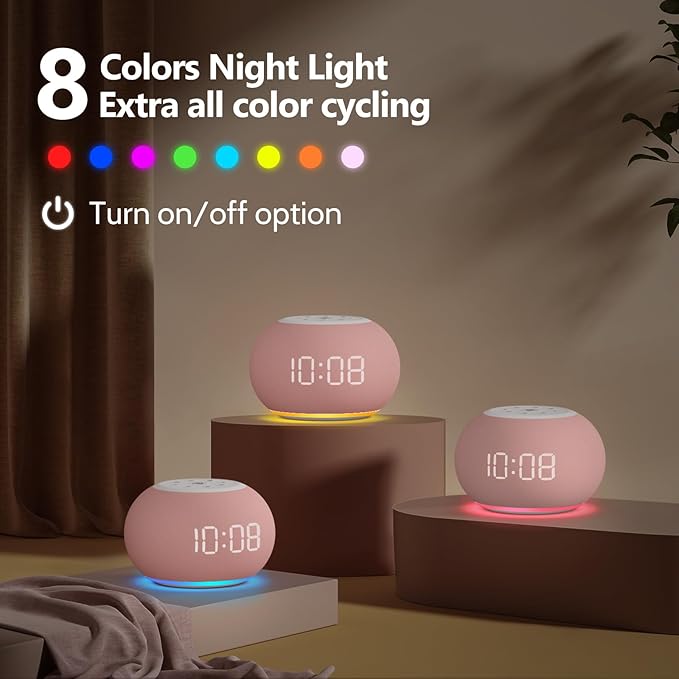 Reacher Auto Dimmable Sound Machine Alarm Clock with Night Lights, 20 Soothing Sounds, Sleep Timer, Precise Volume Control, Cute White Noise Soother for Girls, Kids, Bedrooms, Office