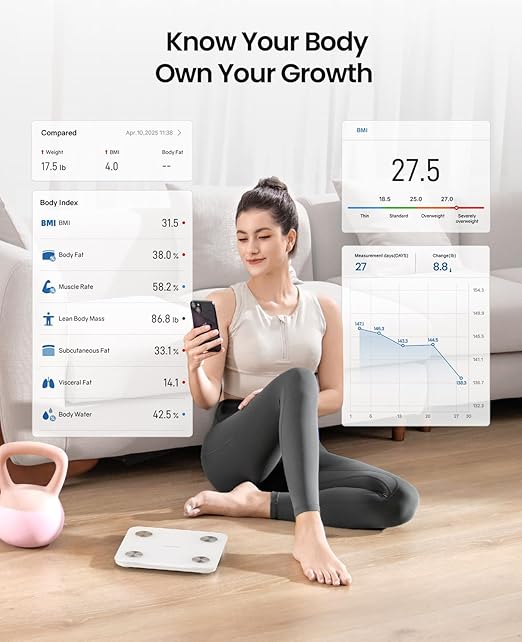 Scale for Body Weight, Digital Smart Bathroom Weight Scale BMI Weighing Bluetooth Body Fat Scale, 20 Body Composition Analyzer with App, 10.2", 400 lbs, White Black Blue