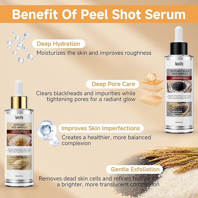 Peel Shot Glow Rice Ampoule, Black and White Rice Exfoliant for Face and Body, Rice Exfoliator for Faces Dead Skin Cells Remover, Face Peel Shot Serum for Softens Cuticle