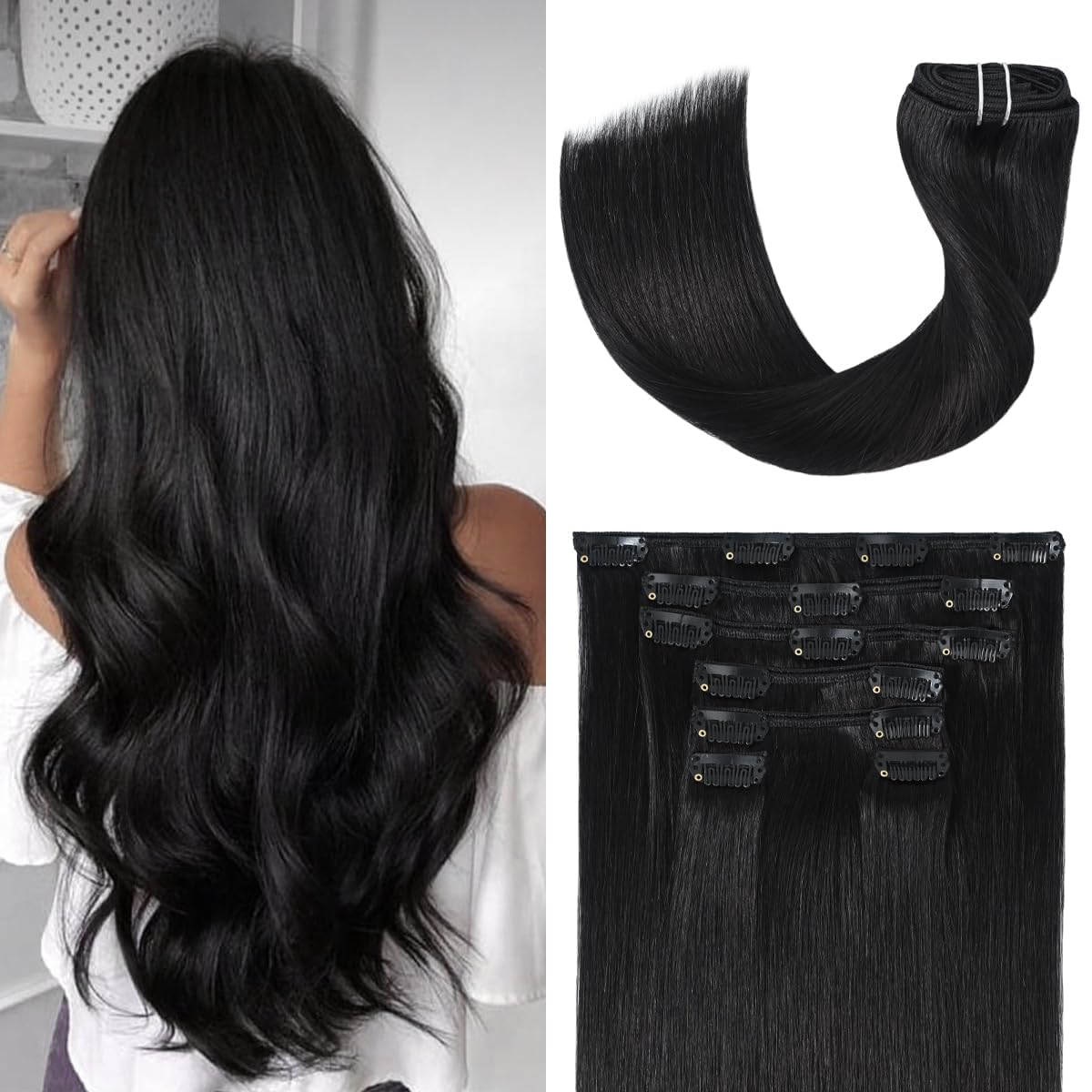 UGOTRAYS Black Hair Extensions Clip in Real Human Hair 120g 16 Inches 100% Remy Human Hair Natural Black Straight Double Weft for Full Head 7pcs 16clips One Pack