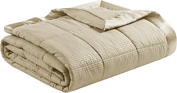 Madison Park Cambria Down Alternative Blanket, Premium 3M Scotchgard Moisture Wicking Treatment, Lightweight and Soft Bed Cover For Summer with Satin Trim, Oversized Full/Queen Taupe