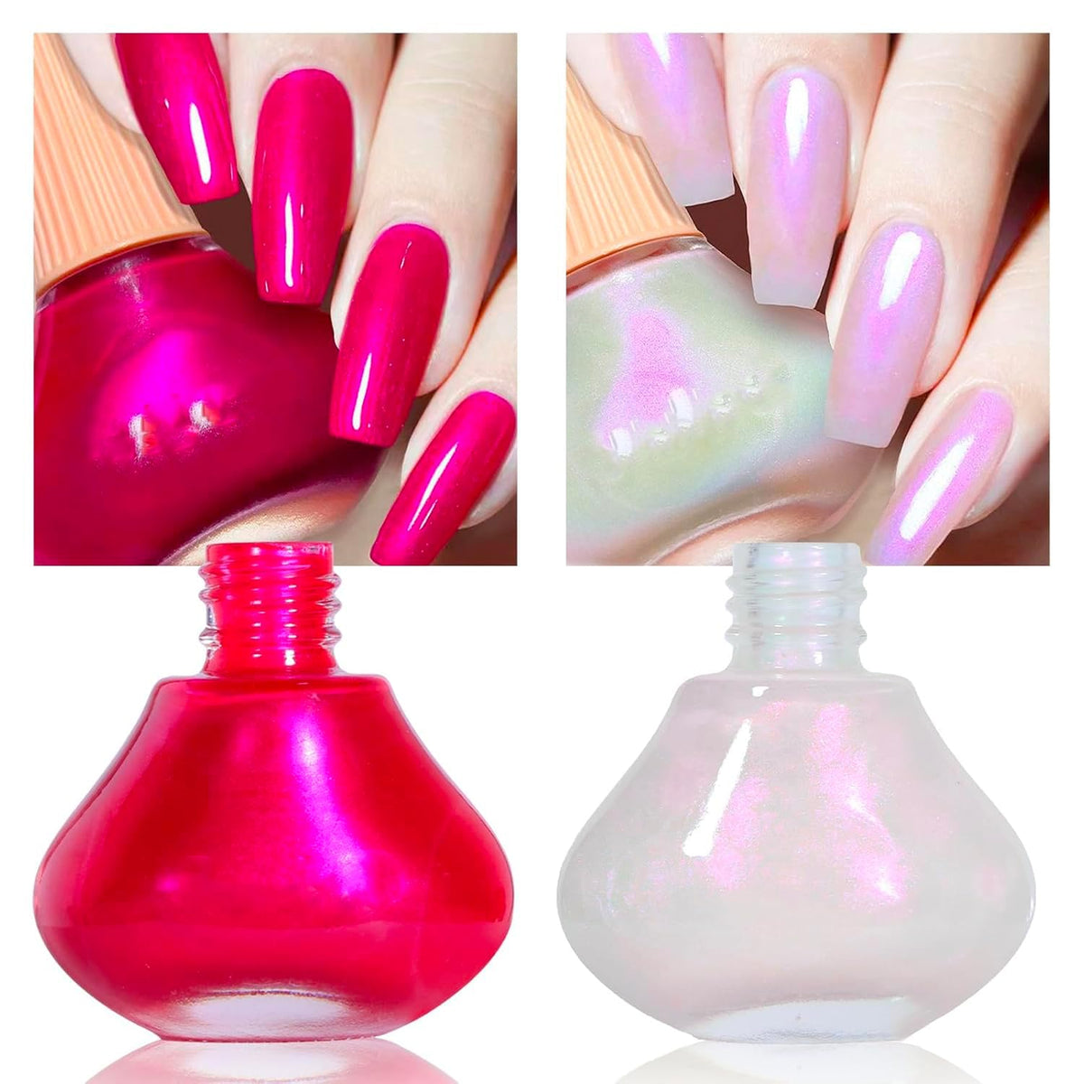 COSMOO Hot Pink with Pearl 2pcs Nail Polish, 12ml Quick Dry Nail Lacquer, Super Lustrous Nail Enamel Polish, Shimmer Iridescent Ultrachrome Nail Art Varnish, 0.41 fl oz/pcs (Hot Pink + Pearl)