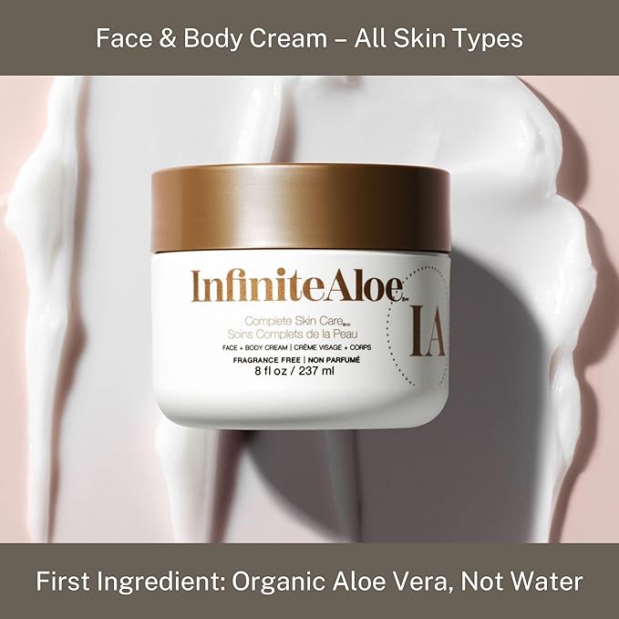 InfiniteAloe Complete Skin Care, Aloe Vera Powered Face and Body Cream for All Skin Types, Dry Skin Everyday Hero, Original Scent - 4 Large Jar 8 oz & 4 Travel Jar 0.5 oz