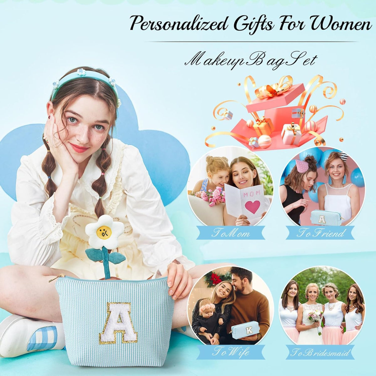 YOOLIFE Gifts for Women Her, Makeup Bag Make Up Bag Pouch Cosmetics Organizer Bag Cute Makeup Bag Skincare Bag Personalized Best Friend Wife Birthday Gift Graduate Gifts for Her W