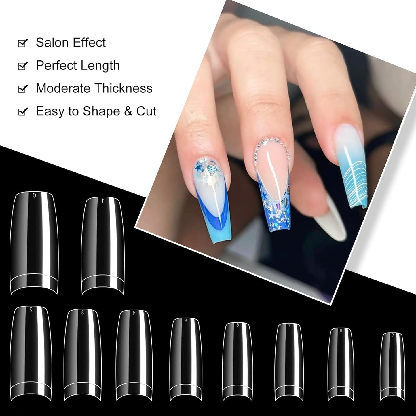 krofaue 500PCS Clear False Nails Tips - Half Cover Lady French Style Acrylic Artificial Tip Manicure with Box of 10 Sizes for Nail Tips Art Salons and Home DIY