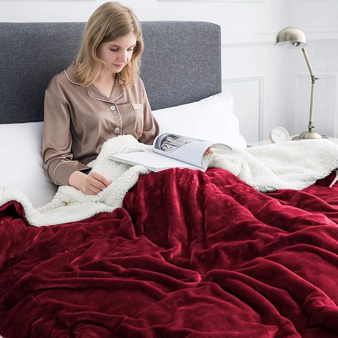 IR Imperial Rooms Sherpa Blankets Queen Size - Thick and Warm Blankets for Winter, Reversible Soft and Fuzzy Fluffy Queen Size Blanket for Bed, Burgundy, 90x90 Inches