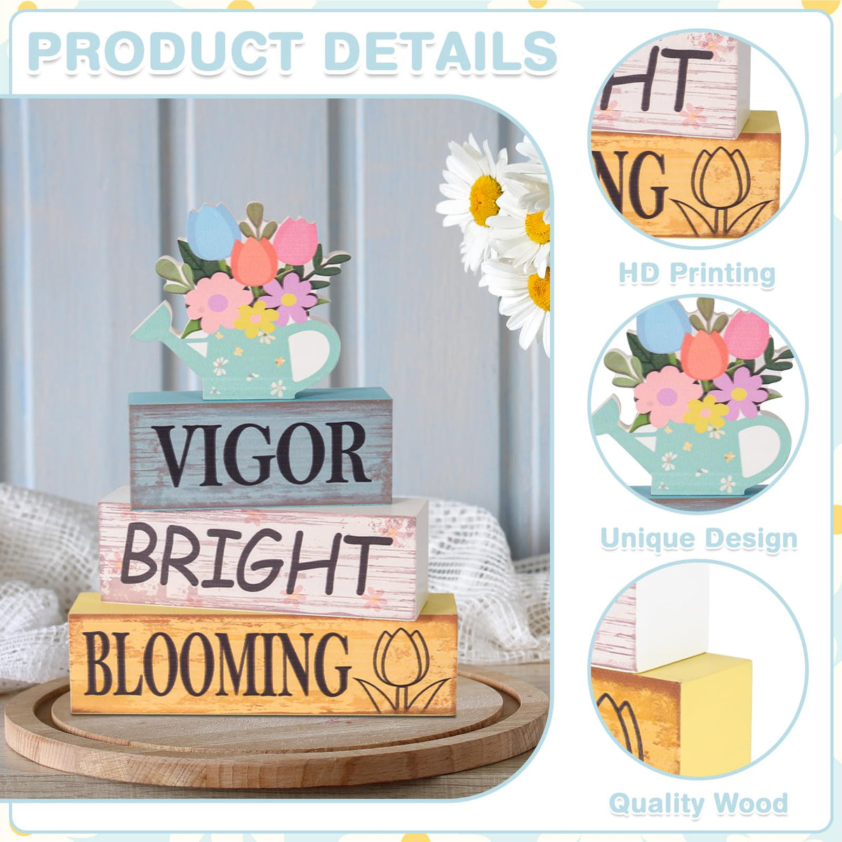 Summer Tiered Tray Decor Wooden Flower Kettle Block Signs Spring Wood Flower Block Summer Tiered Tray Decorations Vigor Bright Blooming Centerpiece Decorations for Kitchen Home Shelf Office Decor