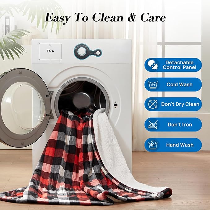 Westinghouse Twin Size Electric Blanket, Soft Flannel to Sherpa Heated Blanket with 10 Heating Levels & 1 to 12 Hours Heating Time Settings, Fast Heating Blanket, Red Plaid, 62x84 Inches