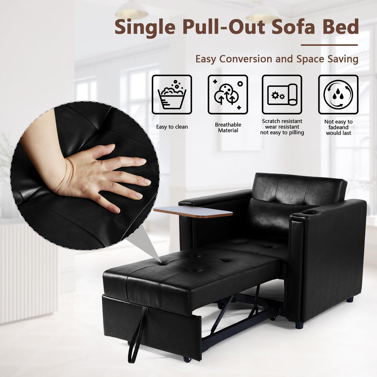 weselon Leather Convertible Chair Bed, 3 in 1 Multi-Functional Lounge Chair Sleeper, Pull Out Couch Guest Bed with Hidden Table and Adjustable Backrest for Living Room (Black)