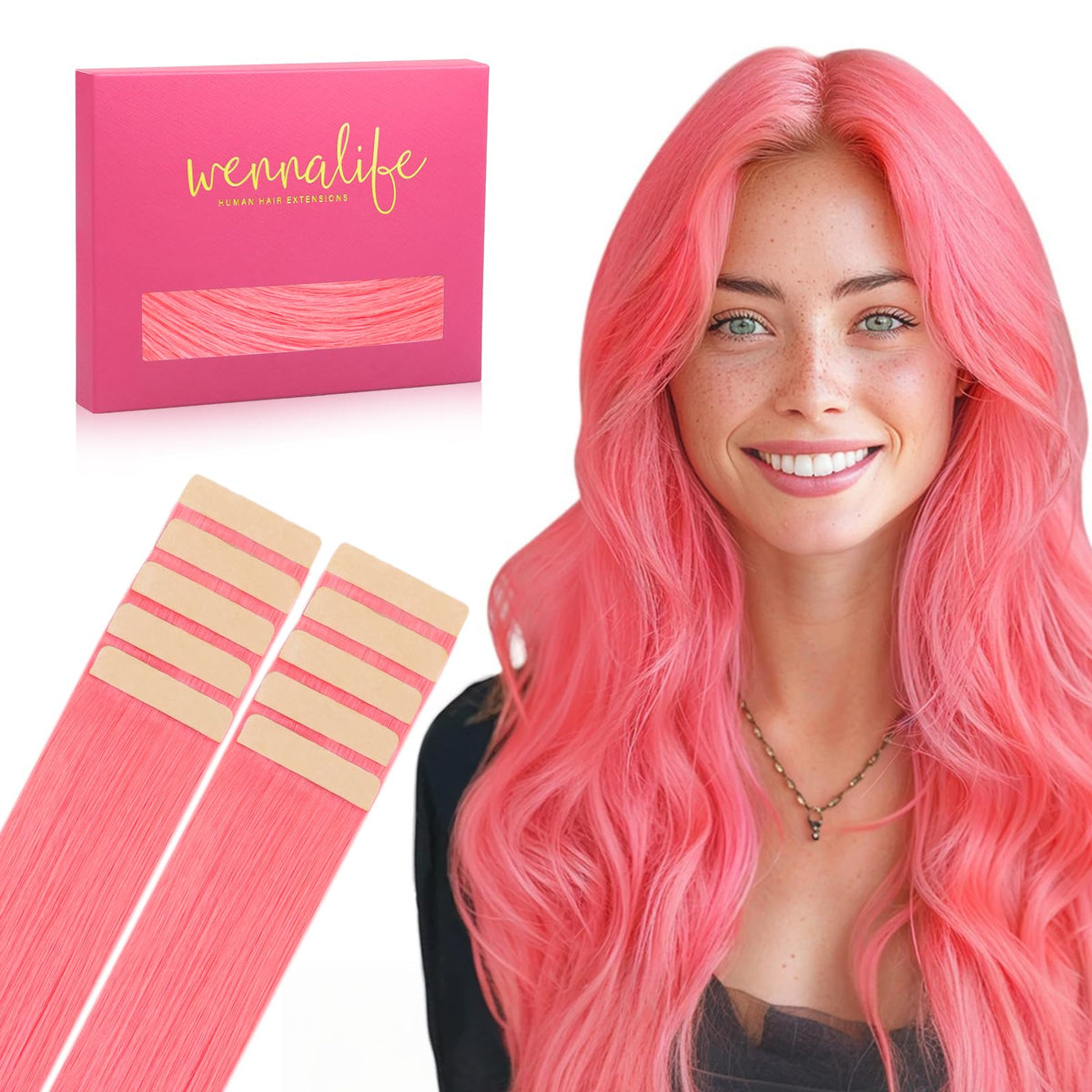 WENNALIFE Tape in Hair Extensions Human Hair Light Pink Tape in Extensions, 10pcs 20g 12 inch Remy Invisible Tape Ins Straight Colored Soft Real Human Hair Tape in Extensions Refill Set Extensions