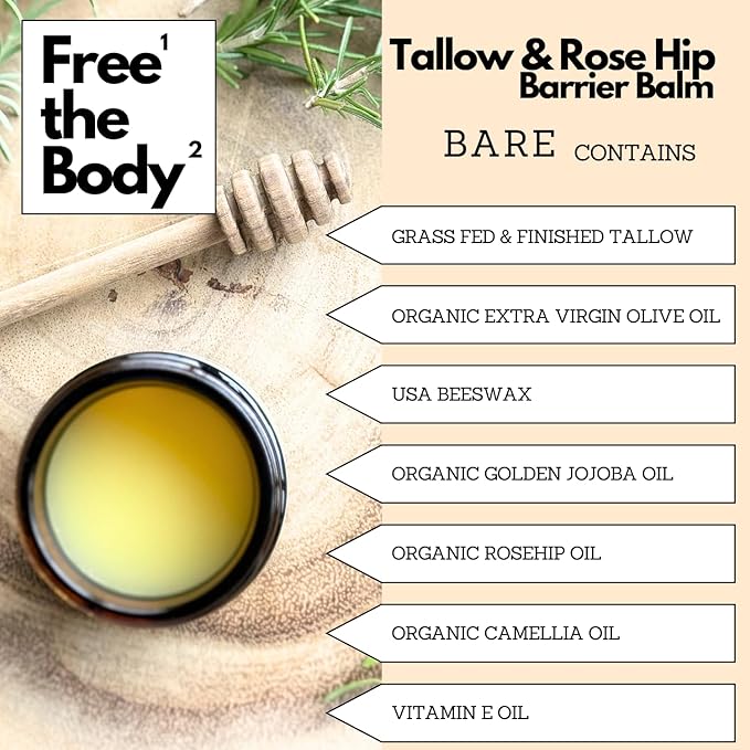 Tallow and Rose Hip Barrier Balm, Grass-Fed Tallow with Beeswax and Rosehip Oil, 2oz, All Skin Types, Face and Body (2oz, Bare (unscented))