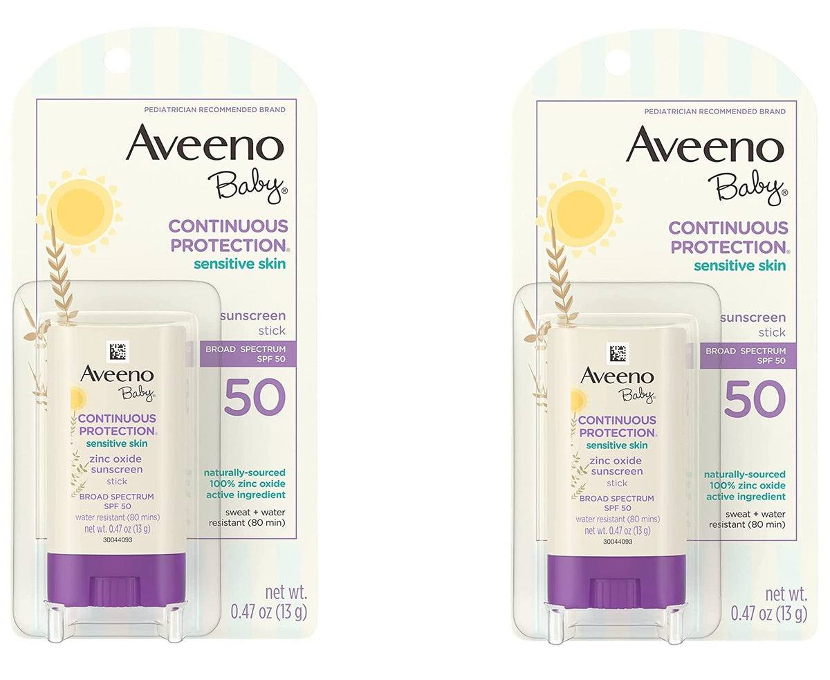 Aveeno Baby Continuous Protection Mineral Sunscreen Stick for Sensitive Skin with Broad Spectrum SPF 50 Protection for Face & Body, Naturally Sourced 100% Zinc Oxide, Travel Size, 0.47 oz (Pack of 2)