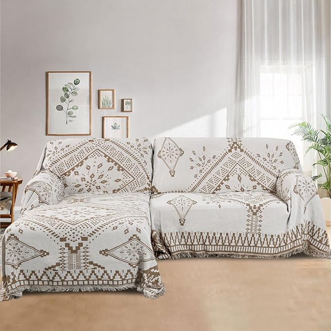 H.VERSAILTEX Reversible Sofa Cover Couch Cover for Dog Sofa Slipcover for Most Shape Sofa Furniture Protector with Tassels Sectional Couch Cover (X-Large: 71" x 118", Sand/White)