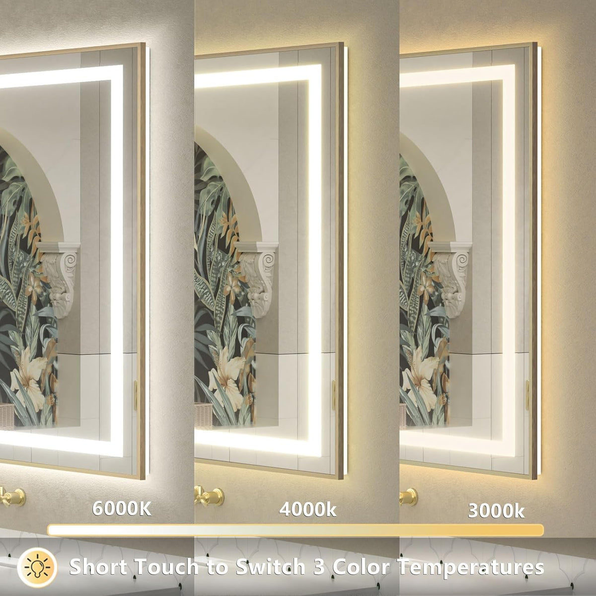 OKPAL 40x32 Gold Lighted Bathroom Mirror with Lights, Frontlit & Backlit LED Bathroom Mirror, Lighted Vanity Mirror, Anti-Fog, Dimmable 3 Colors, Shatterproof, Horizontal/Vertical