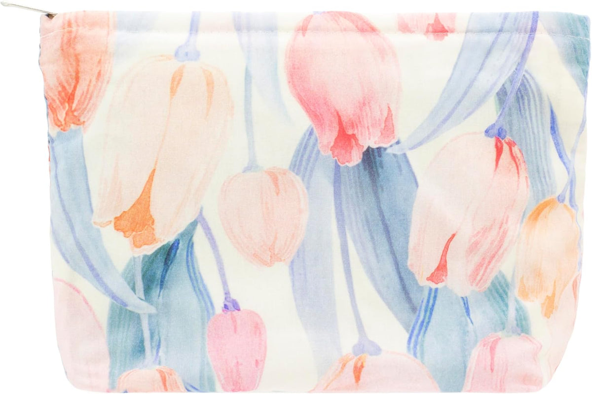 Floral Makeup Bag Large Cotton Zipper Pouch for Purse Travel Canvas Make Up Organizer for Women Cosmetic,Tulip Pink