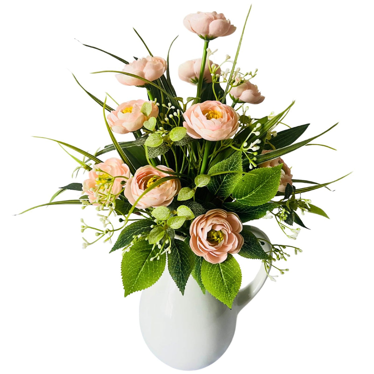 Svndlyn Spring Summer Floral Arrangement Centerpiece Artificial Roses Ranunculus Flowers Ceramic Vase Flower Arrangement for Home Decoration Dining Table Centerpiece