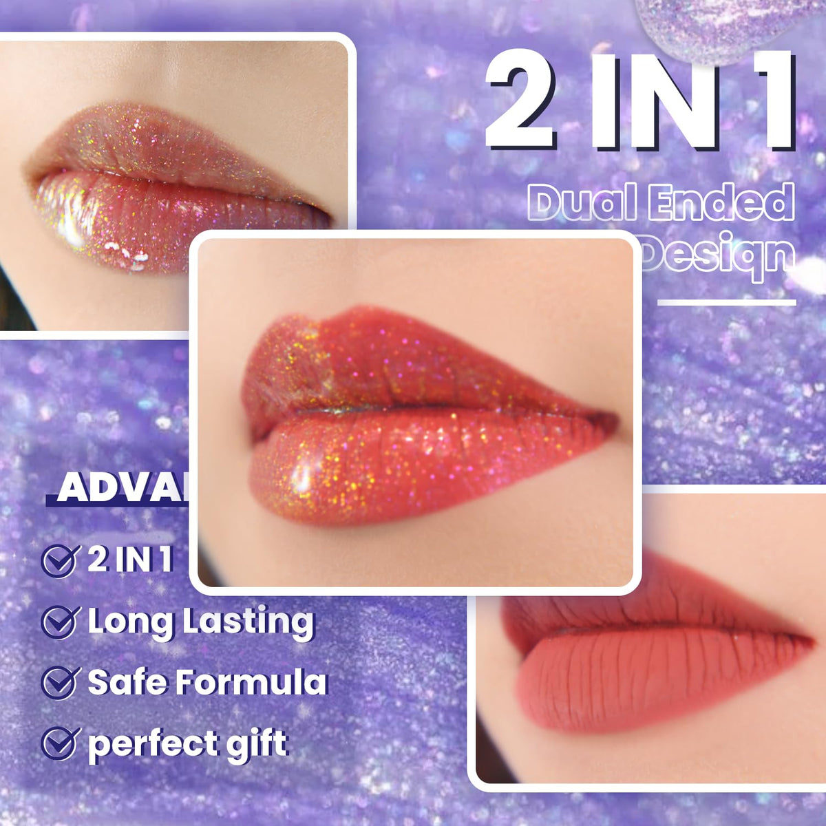 CHARMACY Multichrome Double Head Non-Stick Lip Gloss, Metallic Colourful Lip Glaze, Anti-transfer, Long Lasting Waterproof Liquid Lipstick Makeup (#05)